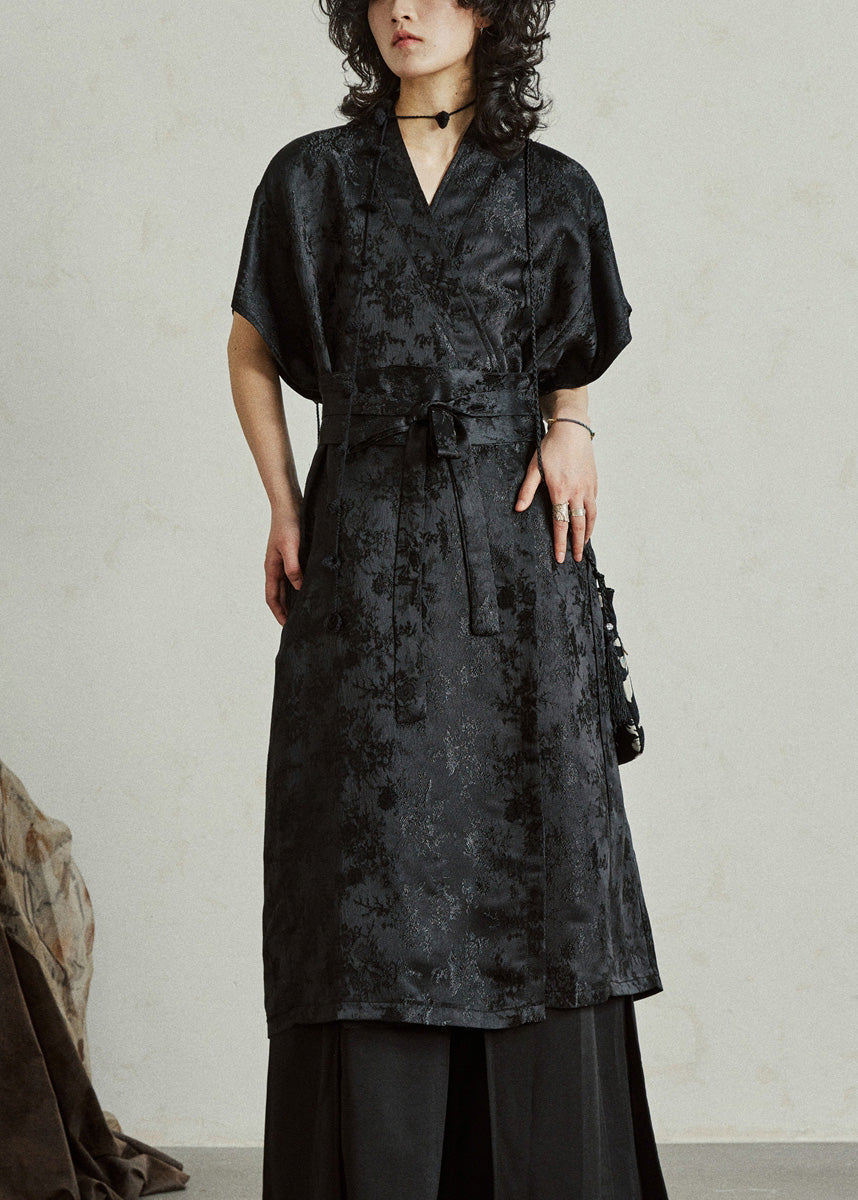 Jacquard Frog Button Wrap Sleeveless Midi Dress