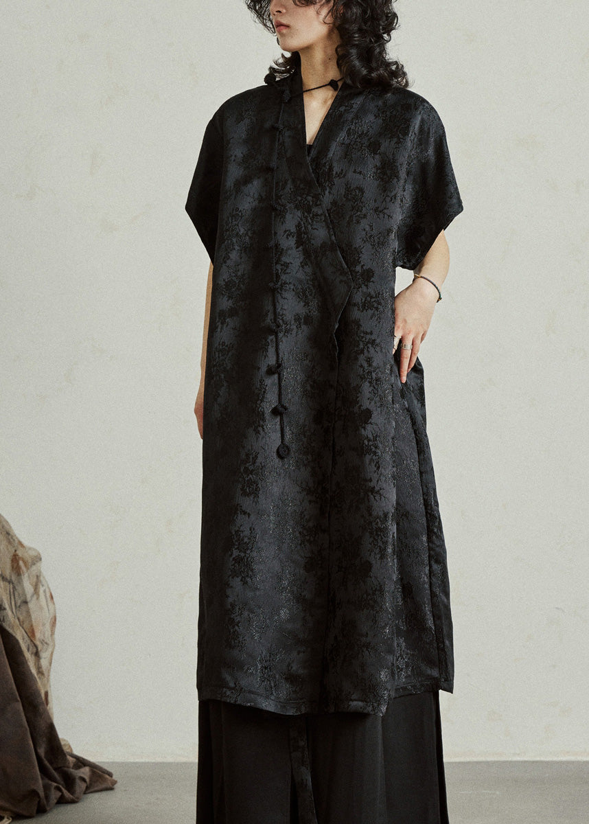 Jacquard Frog Button Wrap Sleeveless Midi Dress