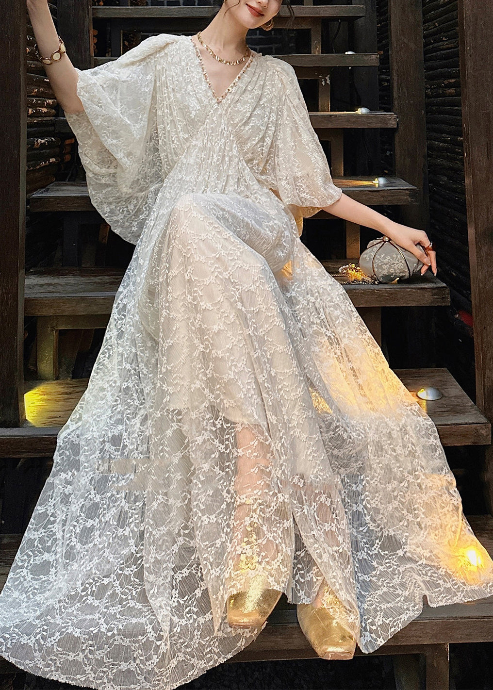 Jacquard Floral Print Deep V-Neck Puff Sleeve Pleated Empire Waist Maxi Gown