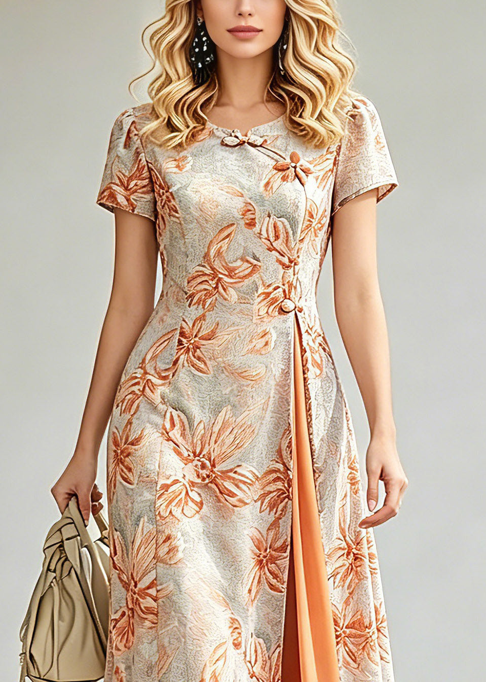 Jacquard Floral Round Neck Frog Closure Short Sleeve High Split Midi Dress