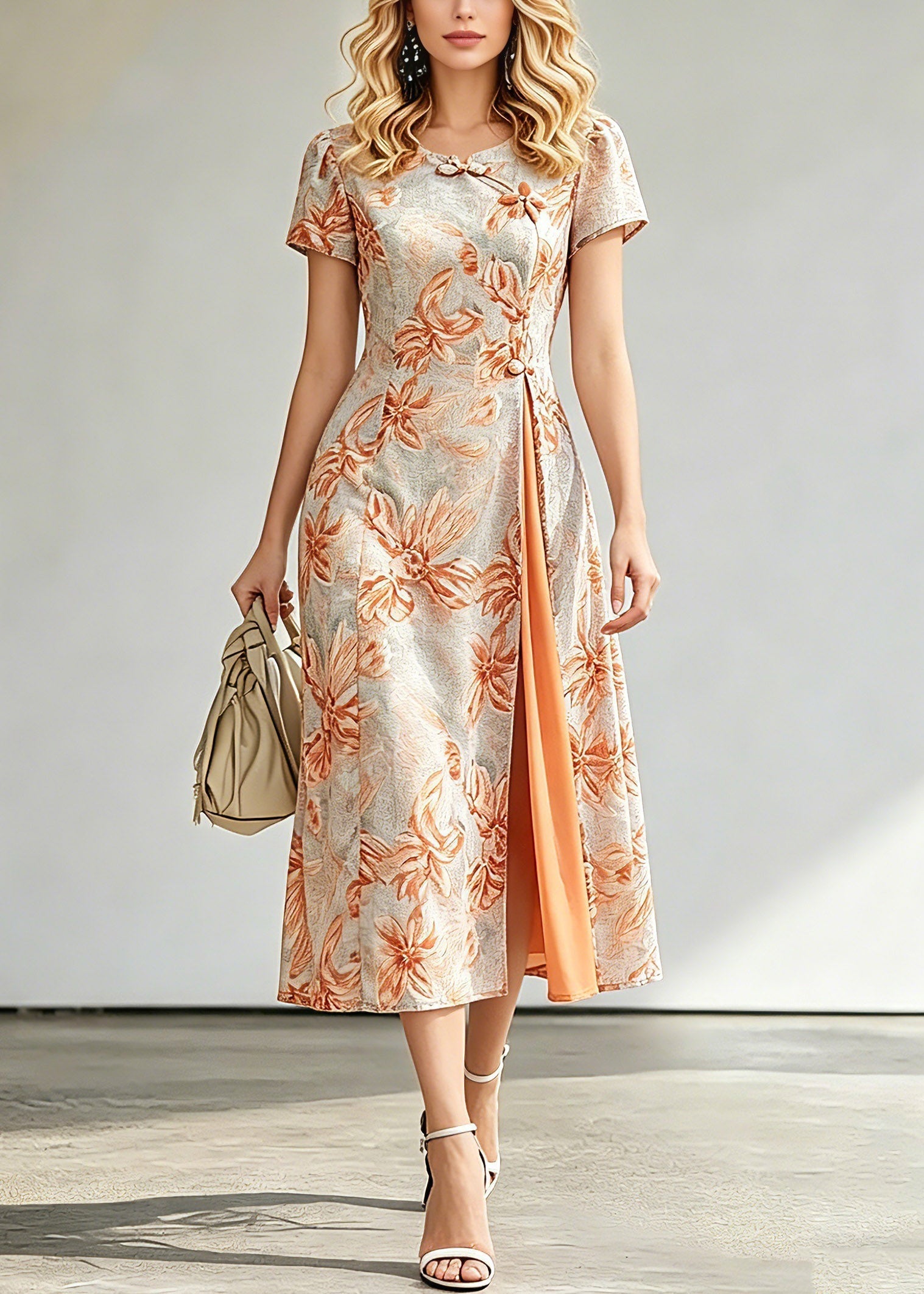 Jacquard Floral Round Neck Frog Closure Short Sleeve High Split Midi Dress