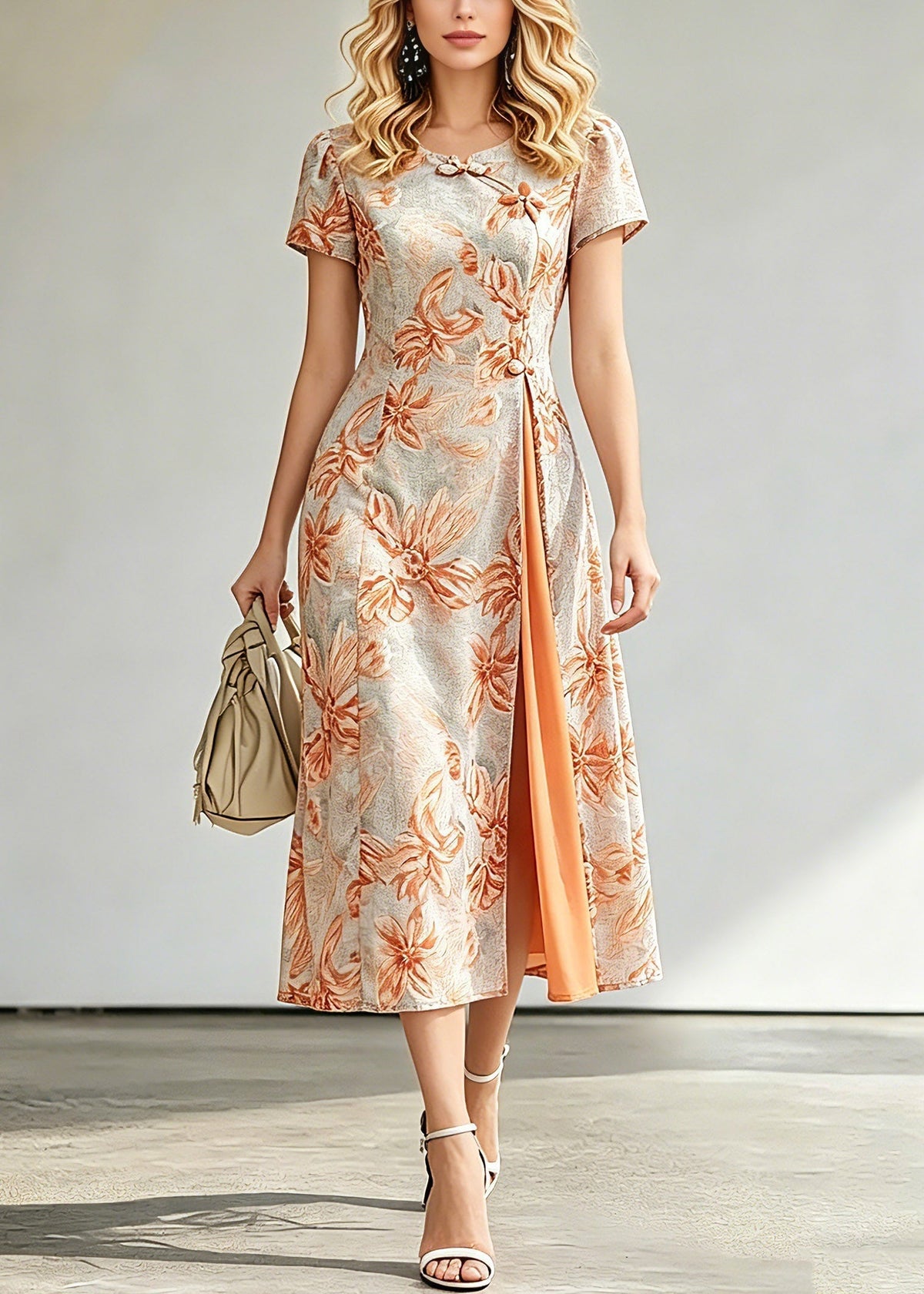 Jacquard Floral Round Neck Frog Closure Short Sleeve Midi Dress - View 3