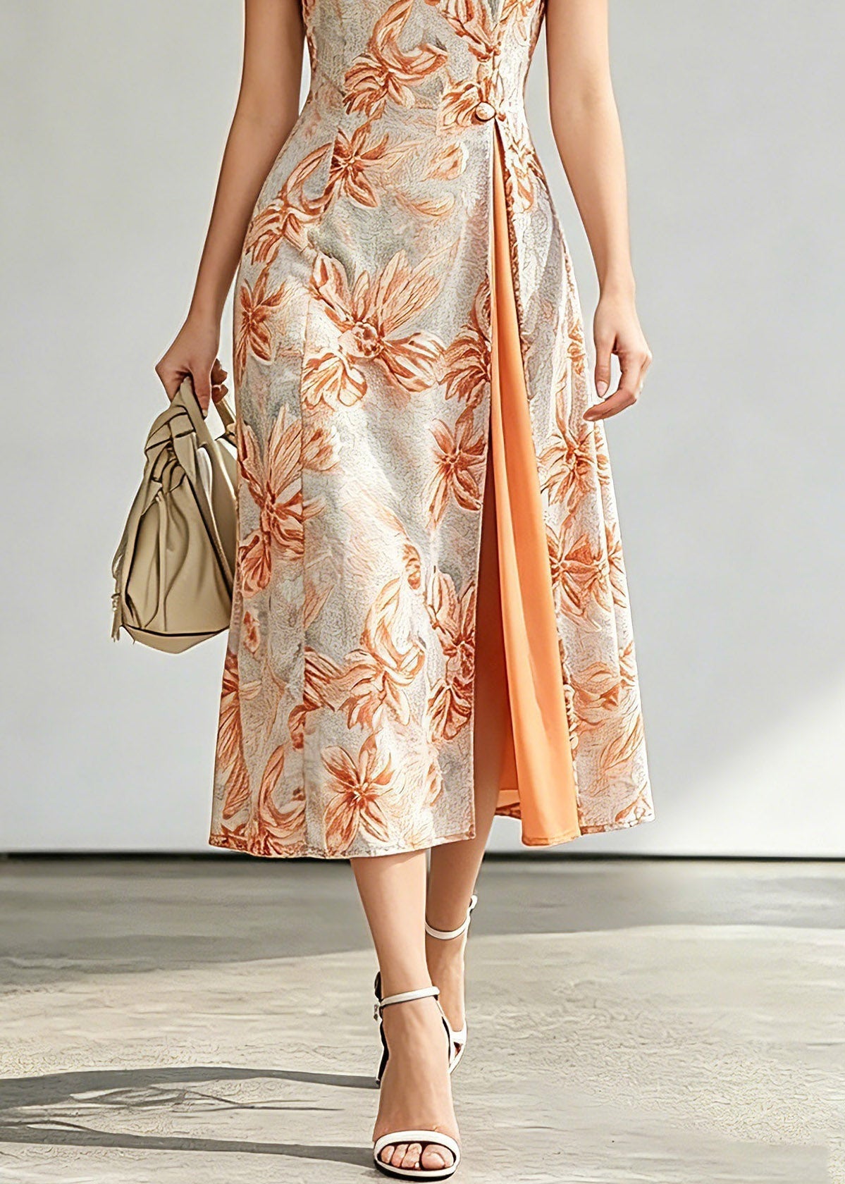 Jacquard Floral Round Neck Frog Closure Short Sleeve High Split Midi Dress