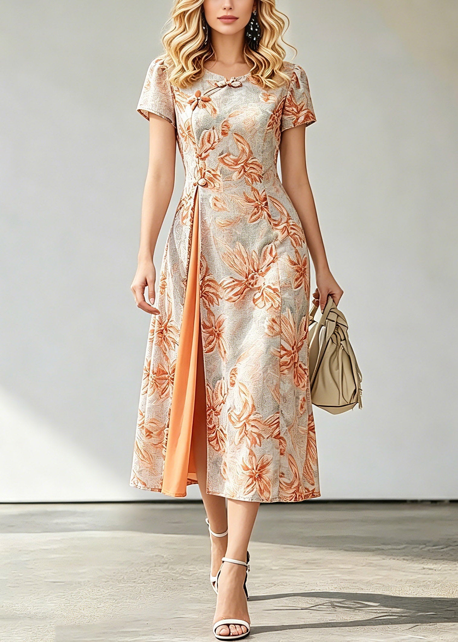 Jacquard Floral Round Neck Frog Closure Short Sleeve High Split Midi Dress