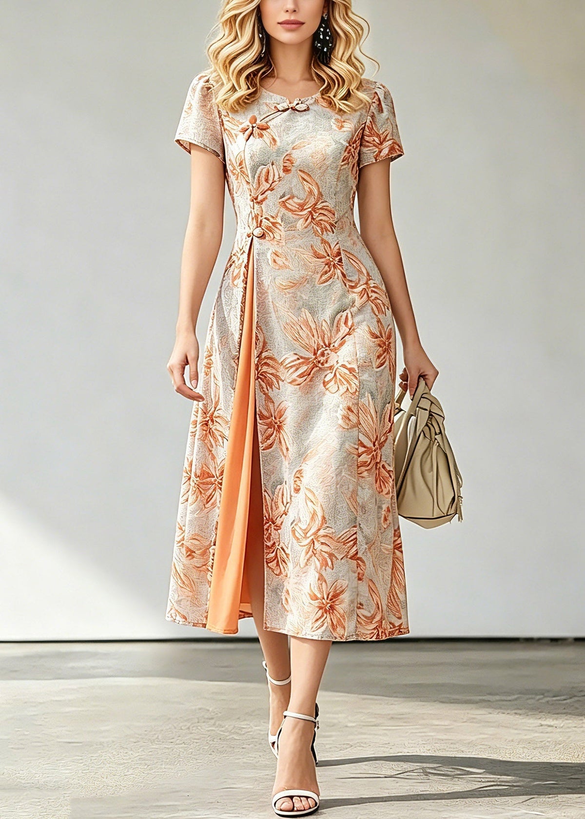 Jacquard Floral Round Neck Frog Closure Short Sleeve Midi Dress - View 5