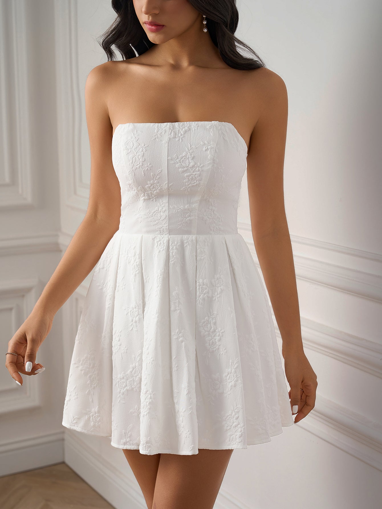 Jacquard Strapless Bustier Pleated Flared A-Line Mini Dress