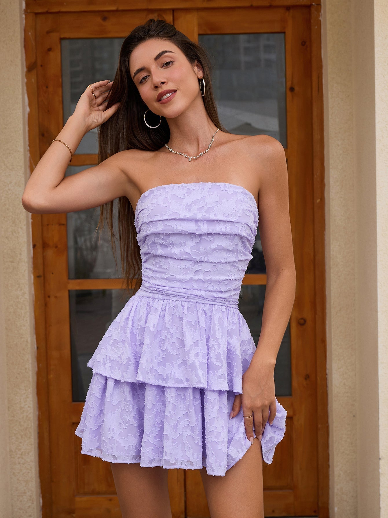 Jacquard Strapless Ruched Bodice Tiered Ruffle Hem Mini Dress