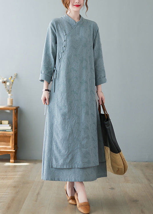 Jacquard Mandarin Collar Frog Button Long Sleeve Layered Hem Maxi Dress
