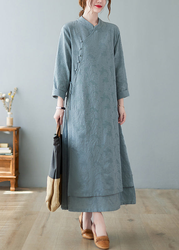 Jacquard Mandarin Collar Frog Button Long Sleeve Layered Hem Maxi Dress