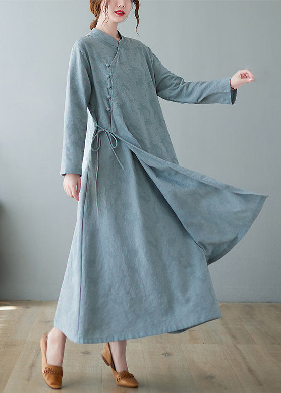 Jacquard Mandarin Collar Frog Button Long Sleeve Layered Hem Maxi Dress