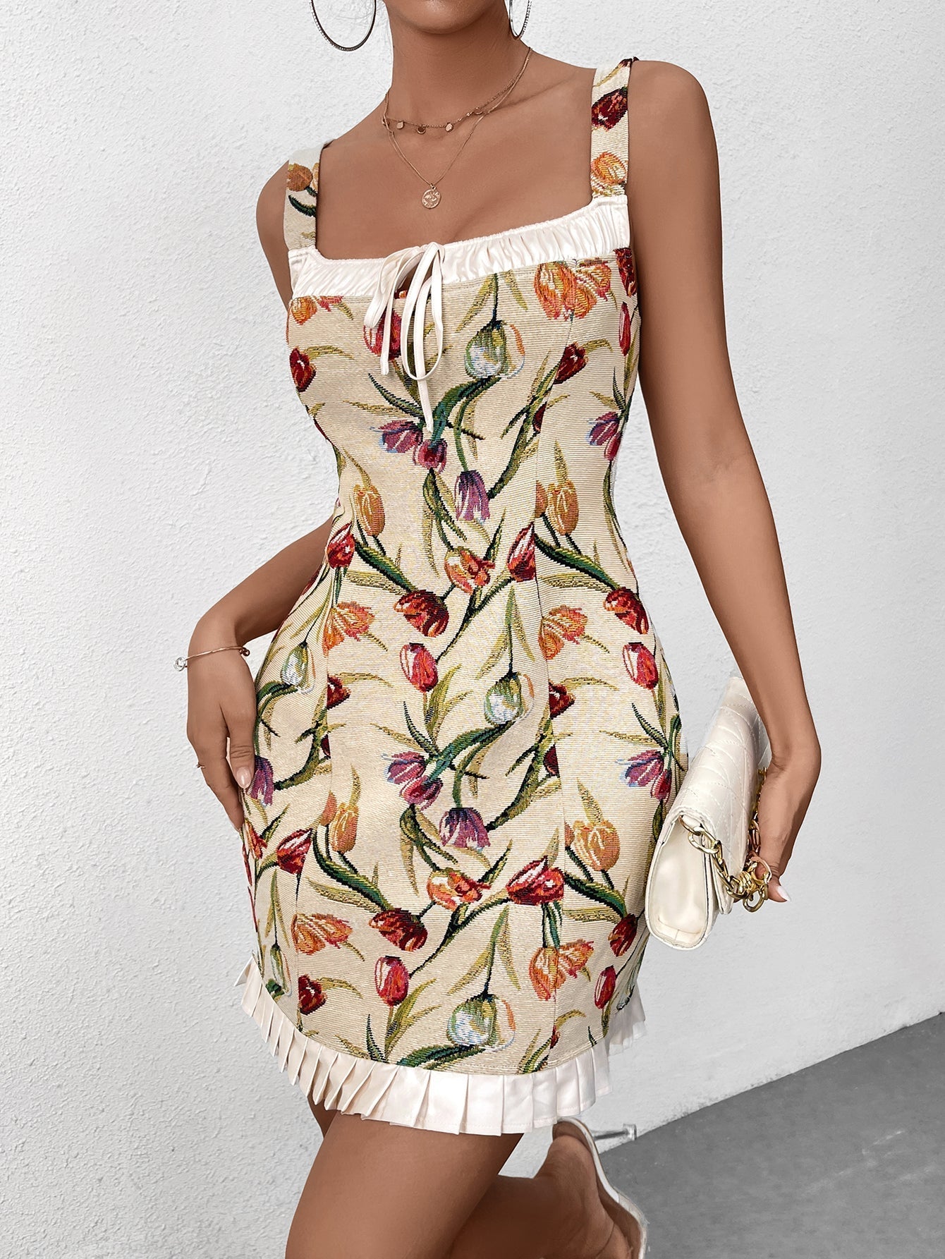 Floral Jacquard Square Neck Tie Front Ruffle Hem Bodycon Mini Dress