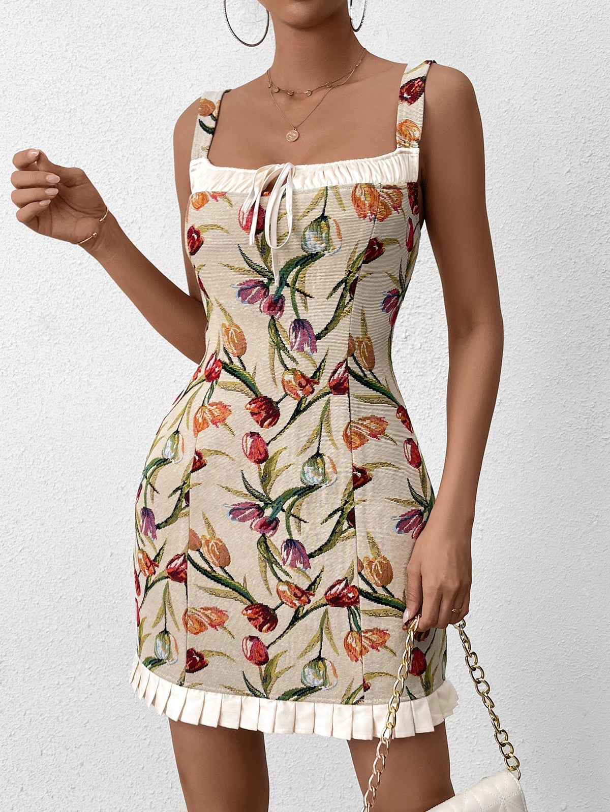Floral Jacquard Square Neck Tie Front Ruffle Hem Bodycon Mini Dress - View 3