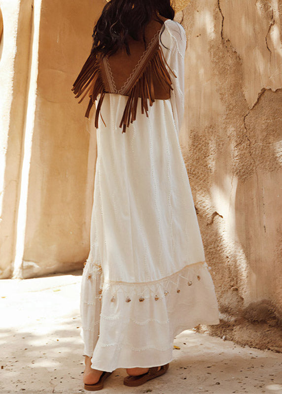 Woven Jacquard Round Neck Cold Shoulder Puff Sleeve Tassel Trim Layered Maxi Dress