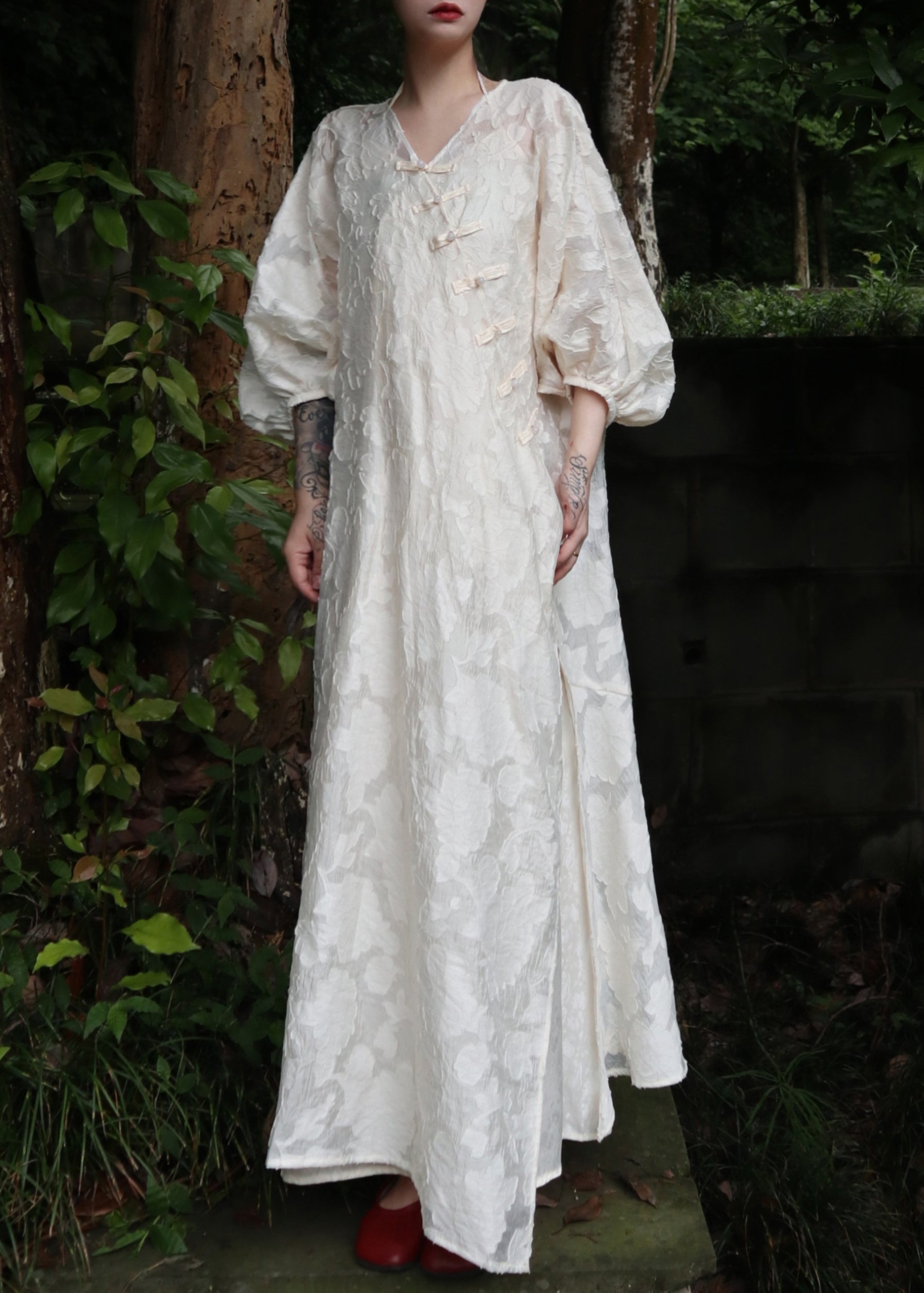 Jacquard Floral V-Neck Puff Sleeve Frog Button Asymmetric Maxi Dress