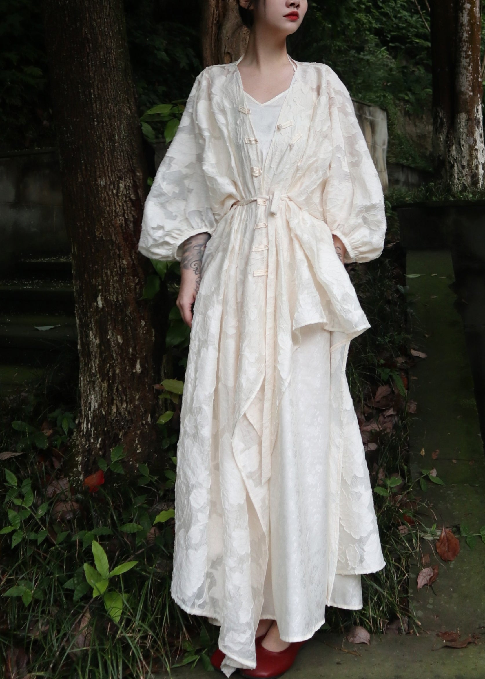 Jacquard Floral V-Neck Puff Sleeve Frog Button Asymmetric Maxi Dress