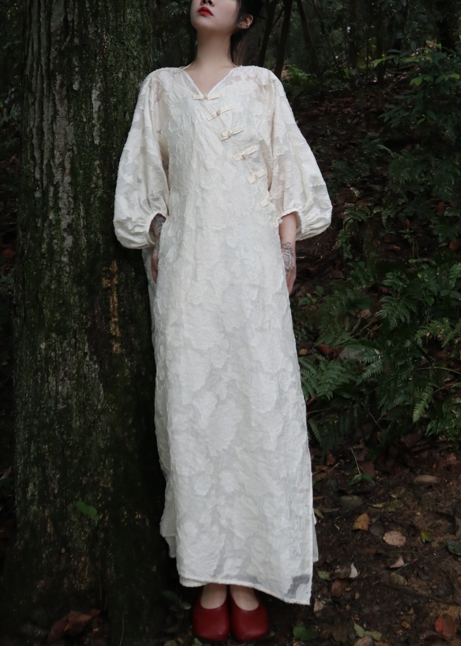 Jacquard Floral V-Neck Puff Sleeve Frog Button Asymmetric Maxi Dress