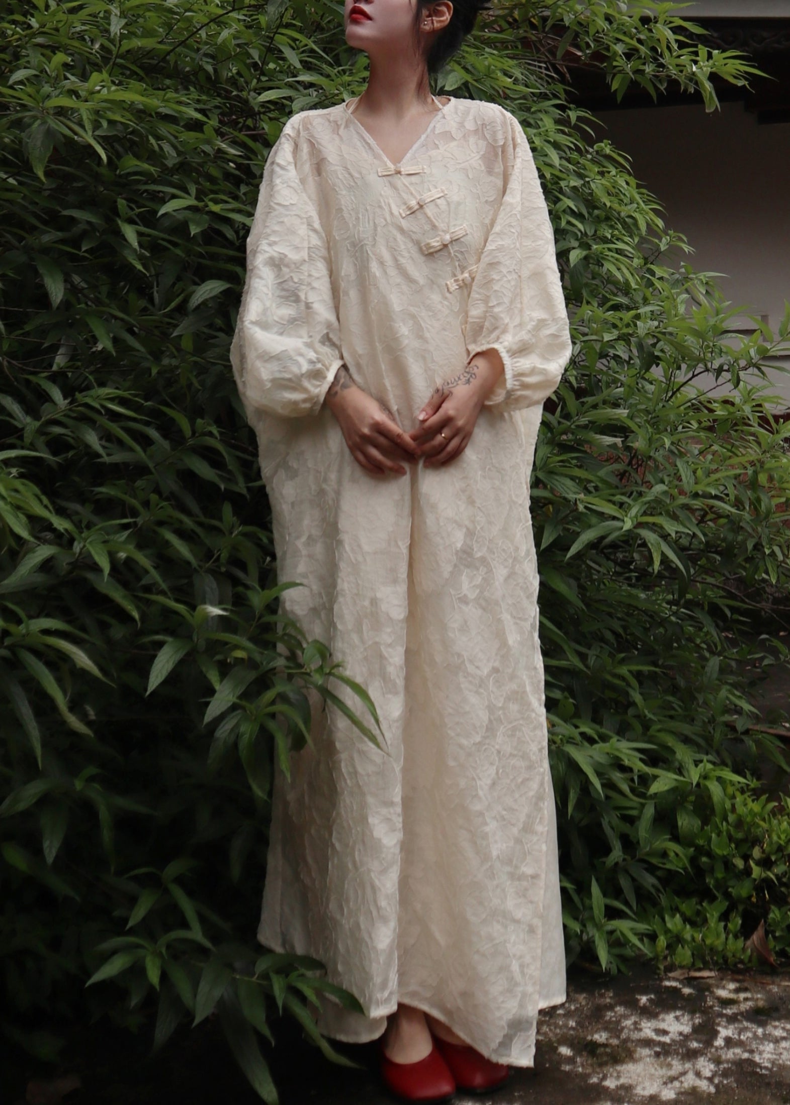 Jacquard Floral V-Neck Puff Sleeve Frog Button Asymmetric Maxi Dress