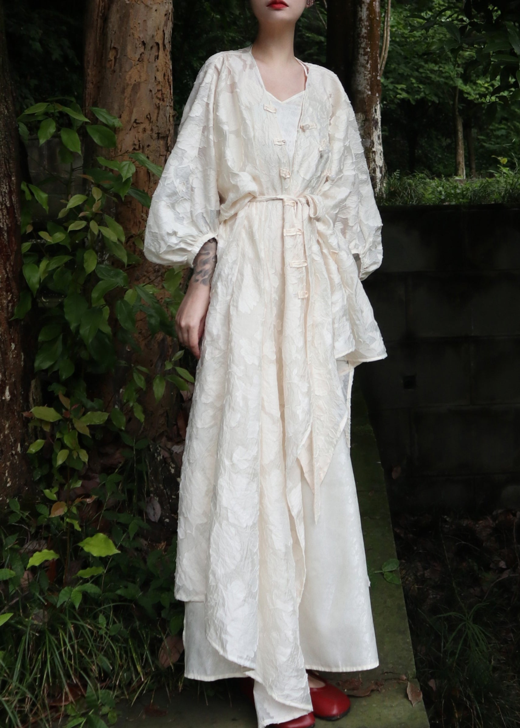 Jacquard Floral V-Neck Puff Sleeve Frog Button Asymmetric Maxi Dress
