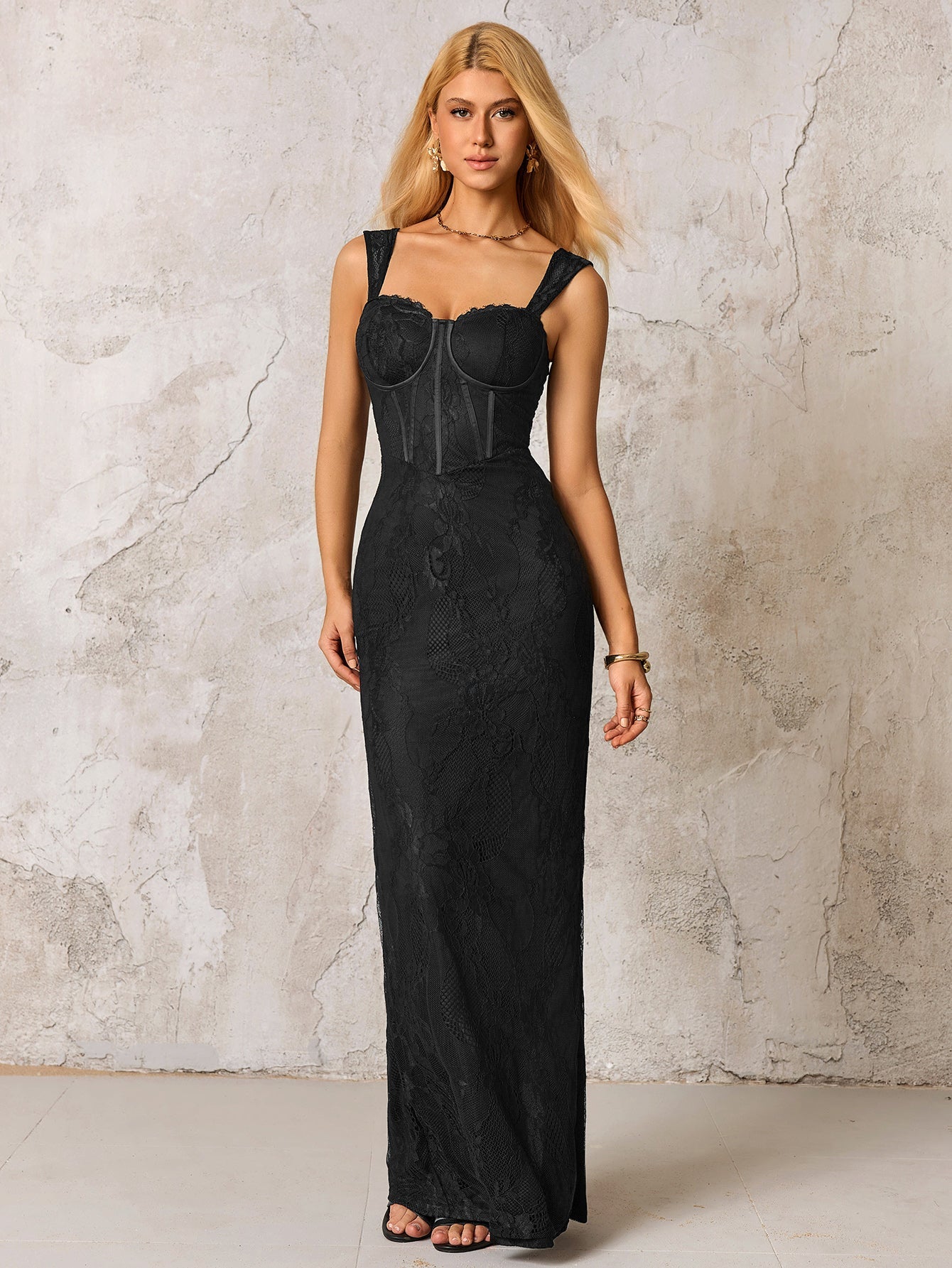 Jacquard Zipper Split Back Lace Bodycon Dress - View 5