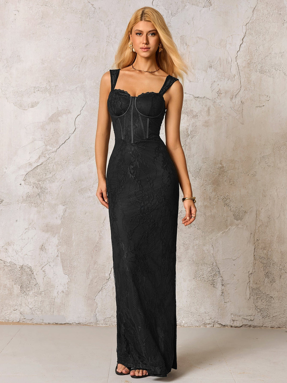 Sweetheart Neck Wide Strap Lace Corset Bodice Column Maxi Dress 5