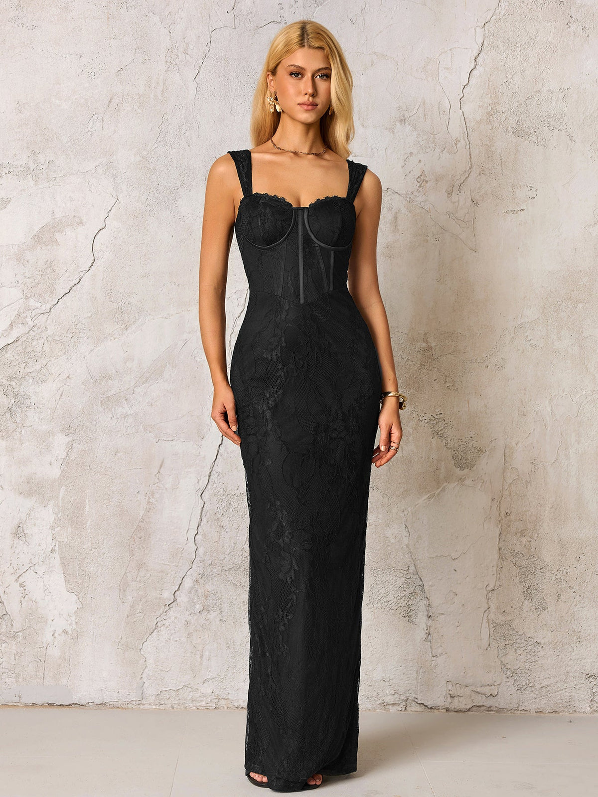 Sweetheart Neck Wide Strap Lace Corset Bodice Column Maxi Dress