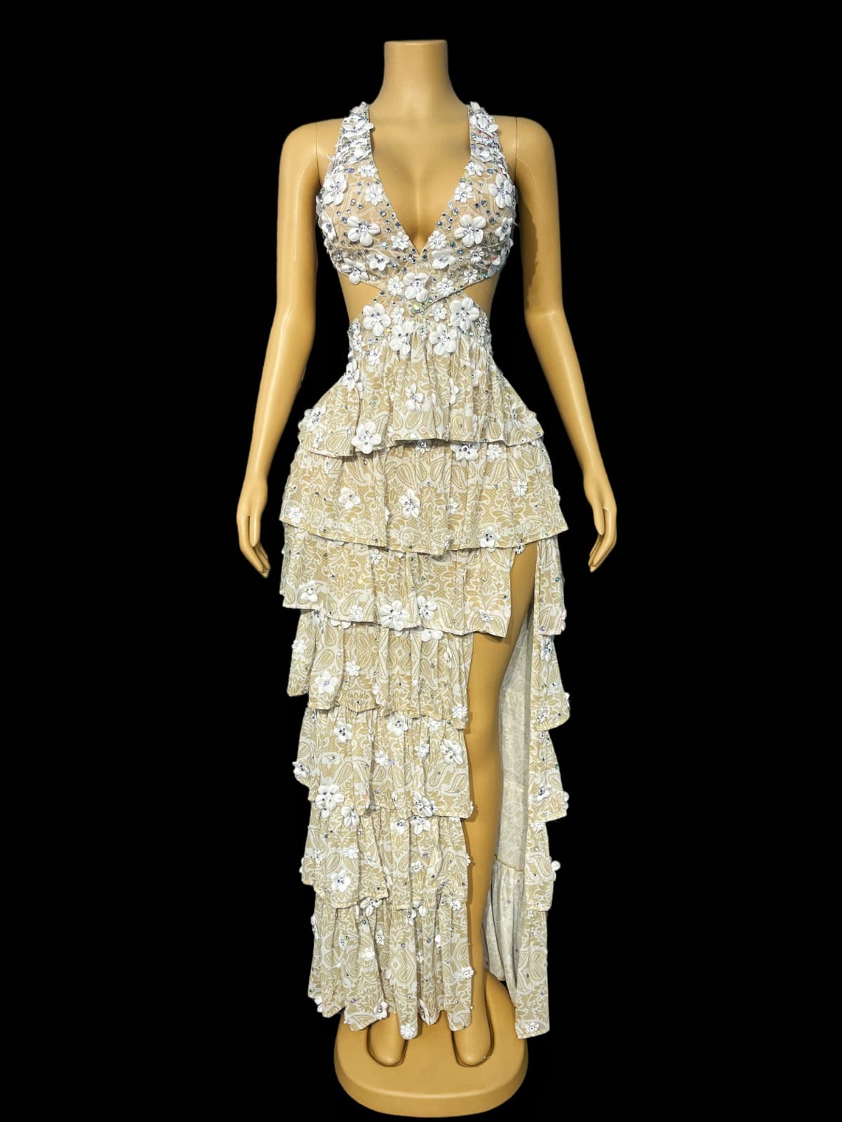 Cutout Rhinestone Flower Split Maxi Dress - View 2