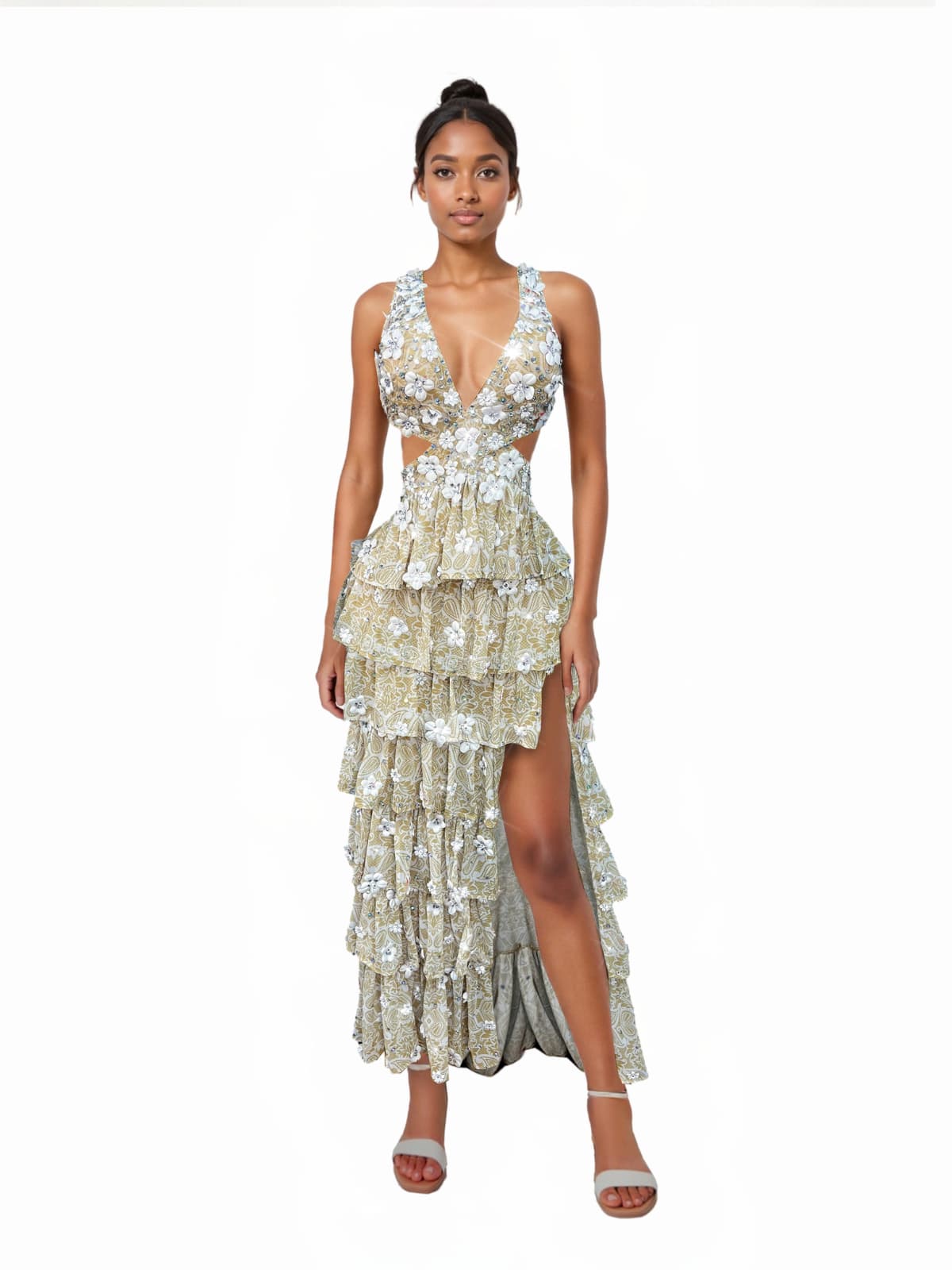 Deep V-Neck Floral Applique Cut Out Tiered Ruffle High Split Maxi Dress