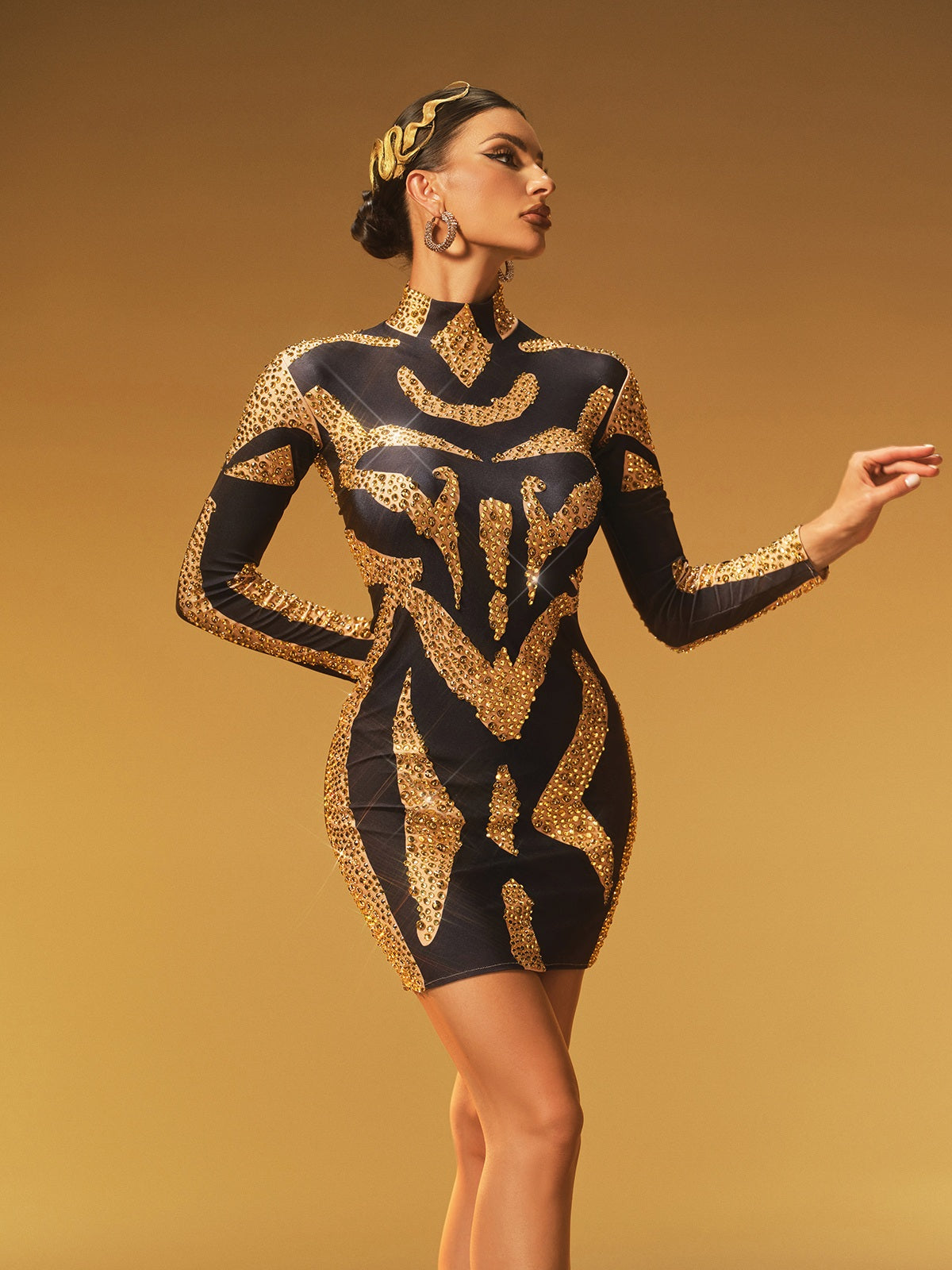 High Neck Rhinestone Mini Dress - View 4