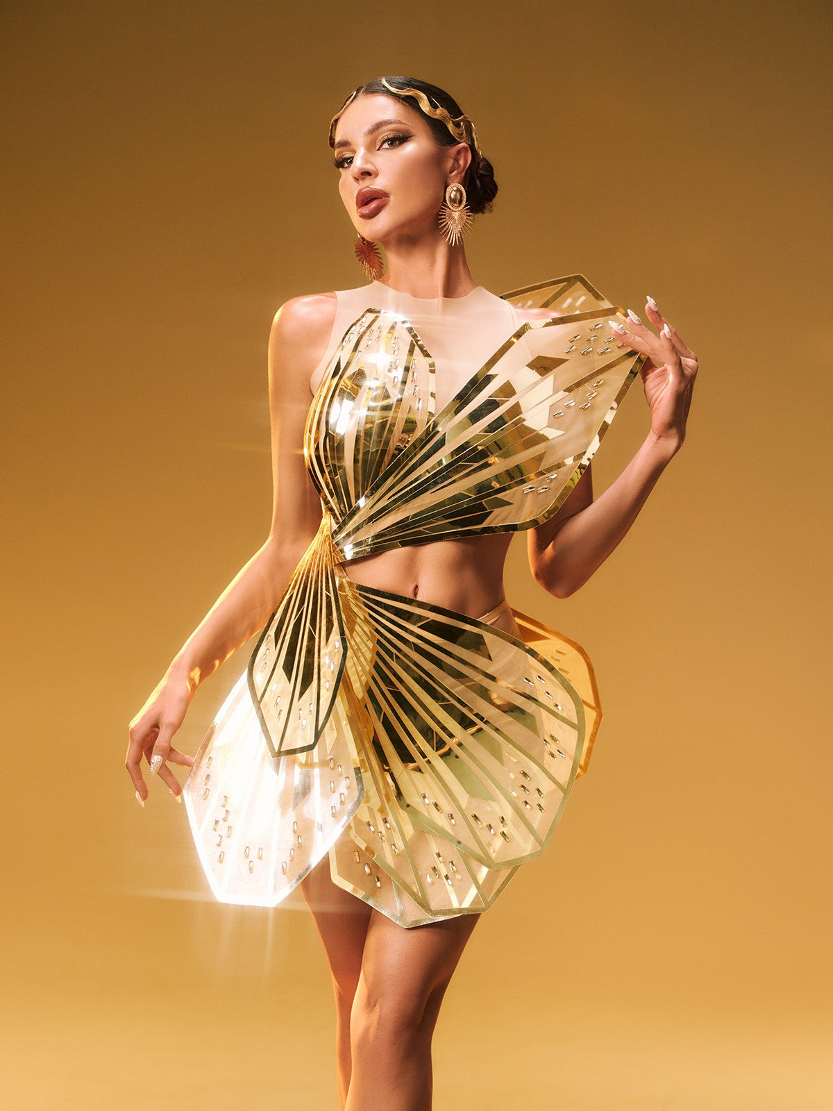 Metallic Butterfly Wing Cut Out Mesh Mini Dress