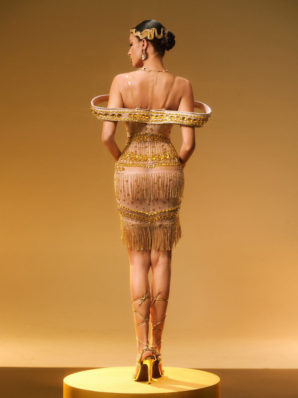 Off Shoulder Rhinestone Fringe Mini Dress In Gold - View 6