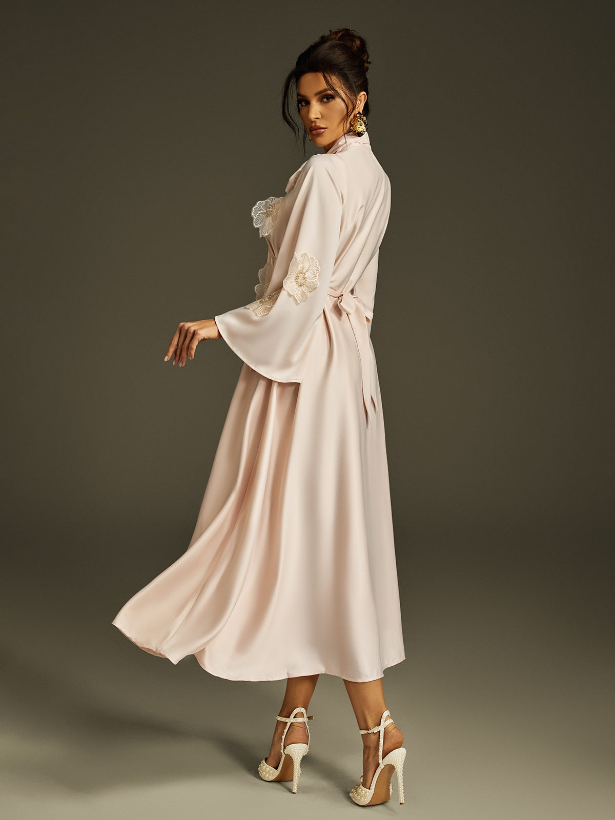 Tie Up Flower Satin Maxi Dress In Apricot - View 6