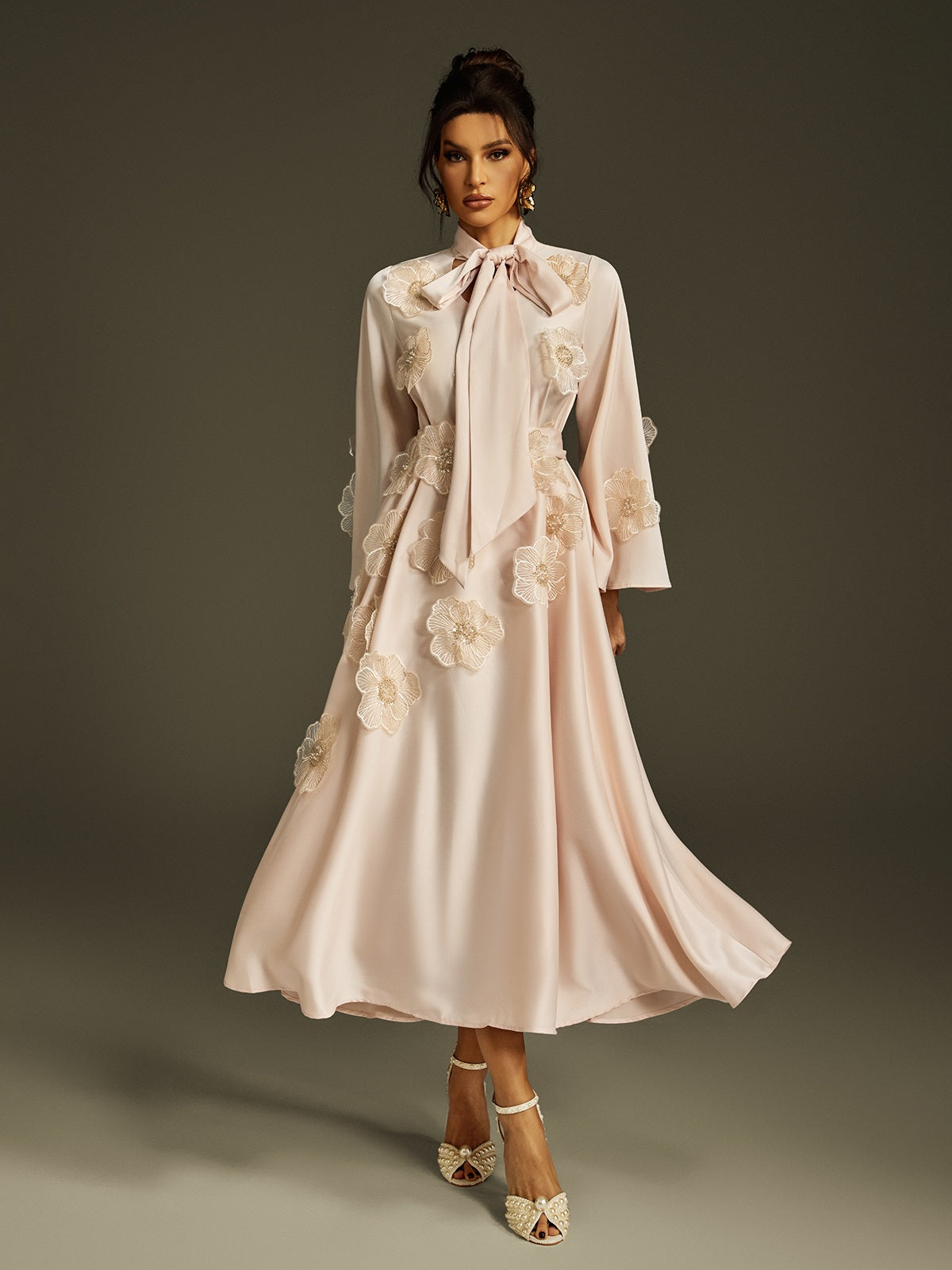 Tie Up Flower Satin Maxi Dress In Apricot - View 3