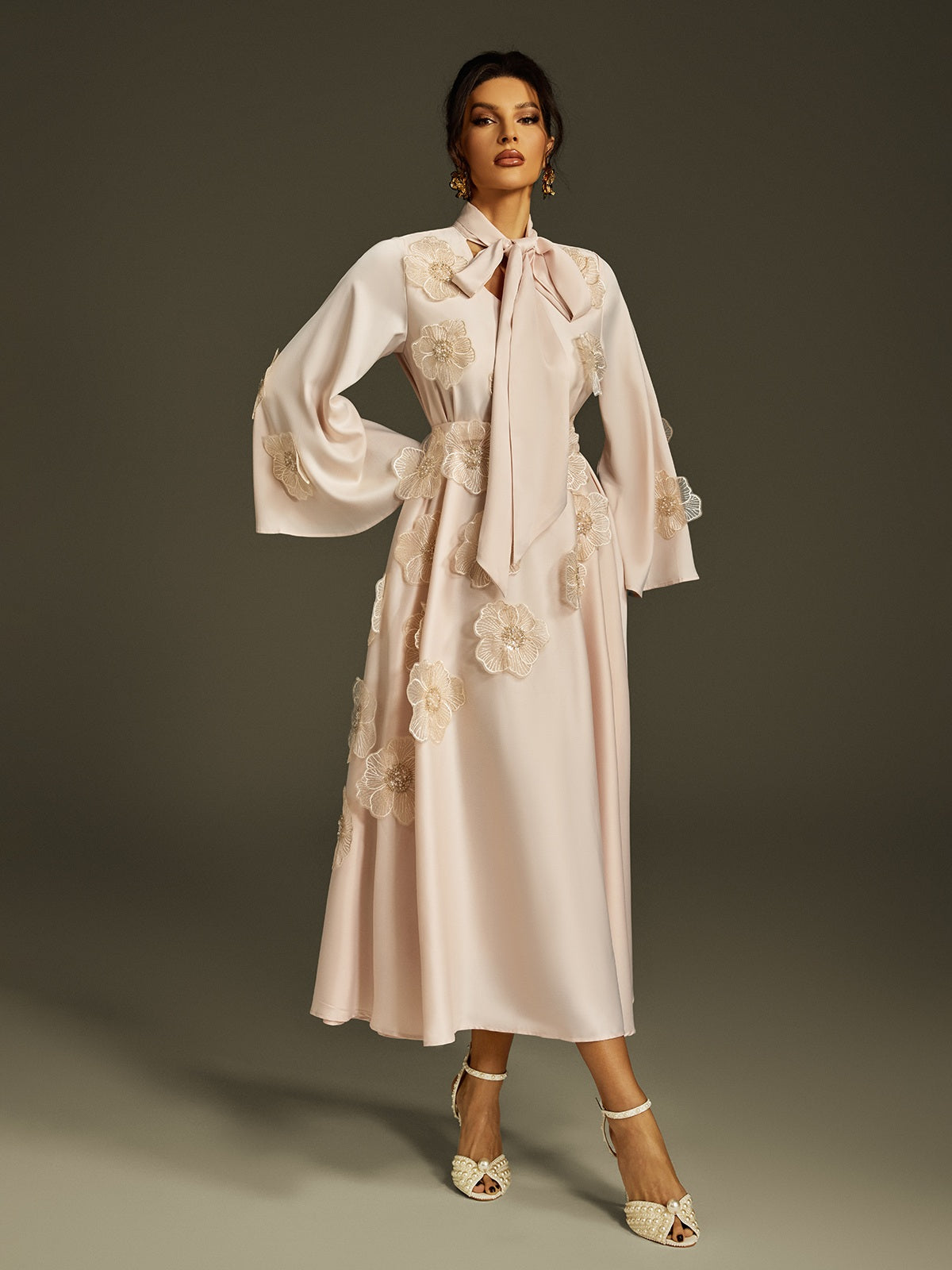 Satin Tie Neck Floral Applique Wide Bell Sleeve Midi Dress
