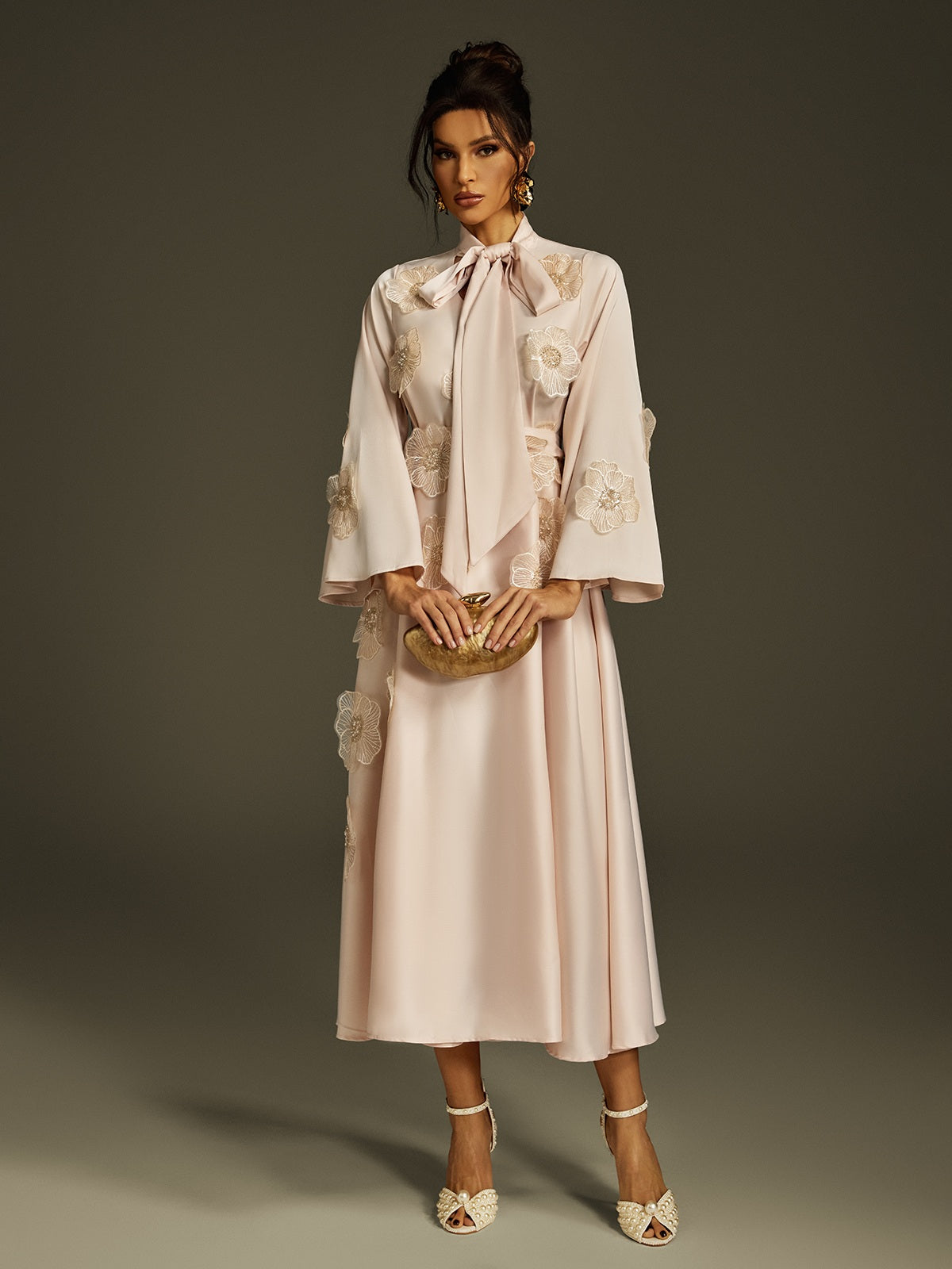 Tie Up Flower Satin Maxi Dress In Apricot - View 4