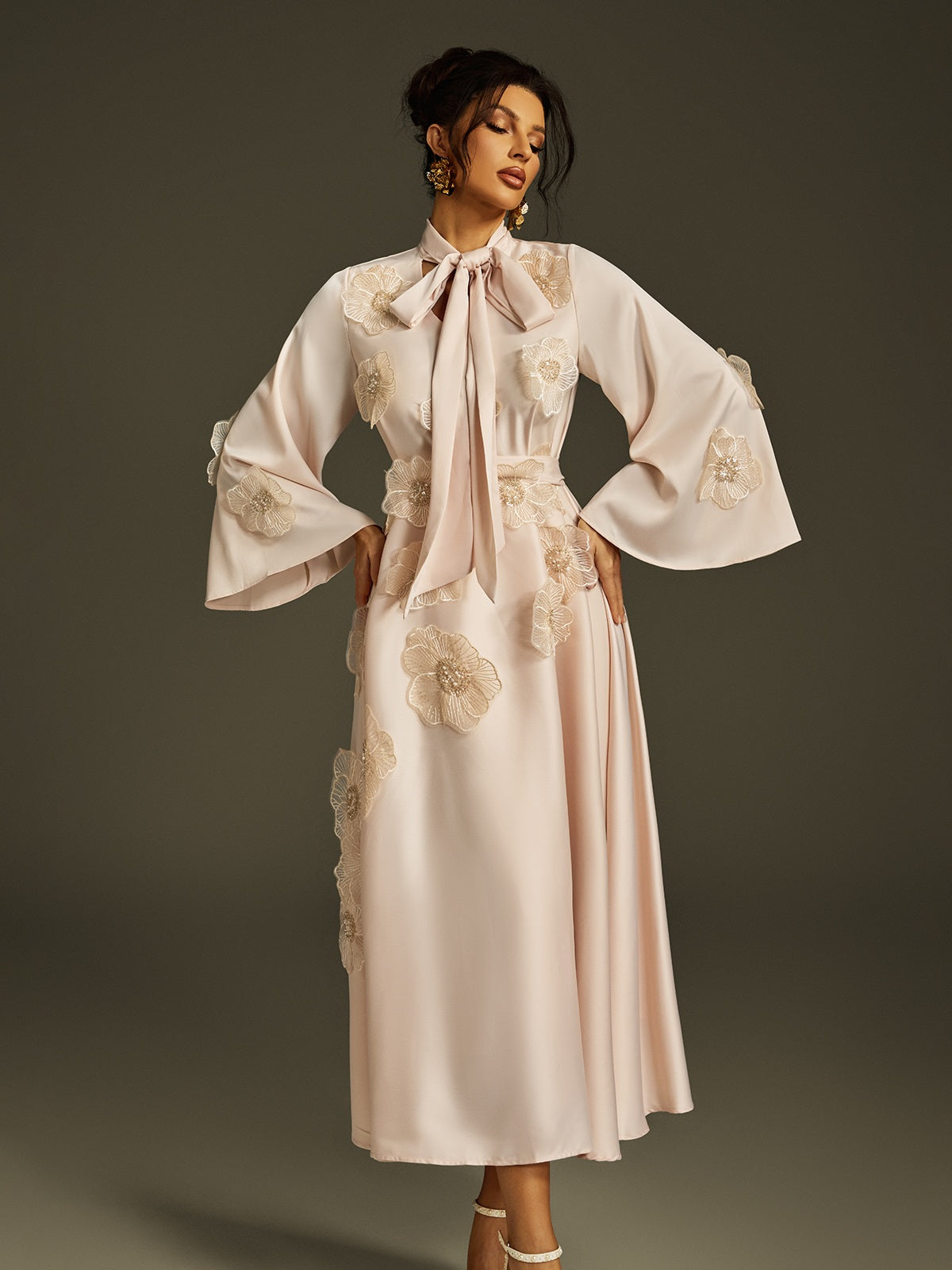 Tie Up Flower Satin Maxi Dress In Apricot - View 2