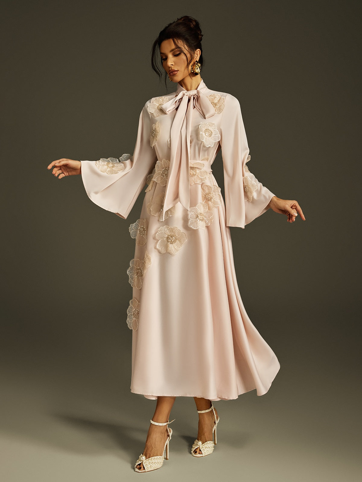 Tie Up Flower Satin Maxi Dress In Apricot - View 5