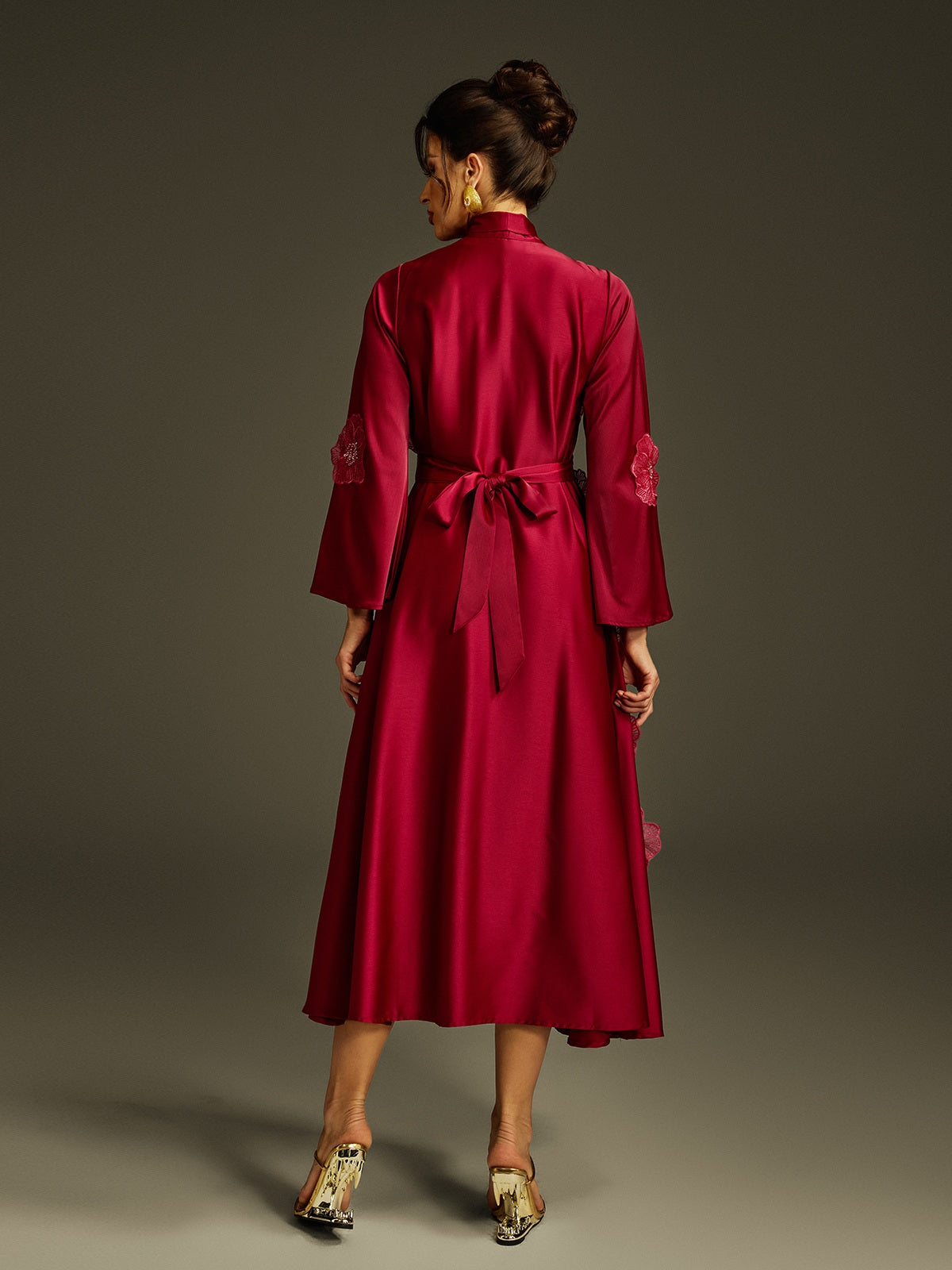 Tie Up Flower Satin Maxi Dress In Wine - View 6
