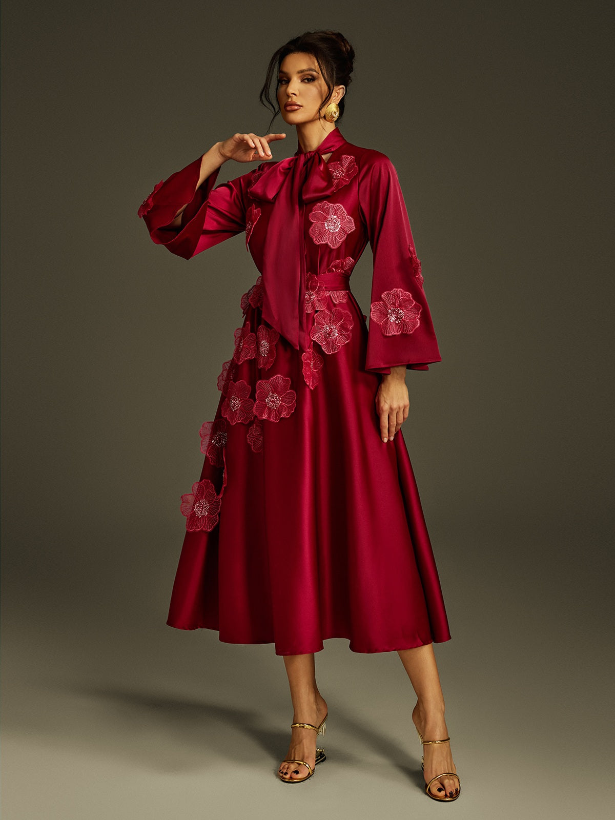 Tie Up Flower Satin Maxi Dress In Wine - View 3