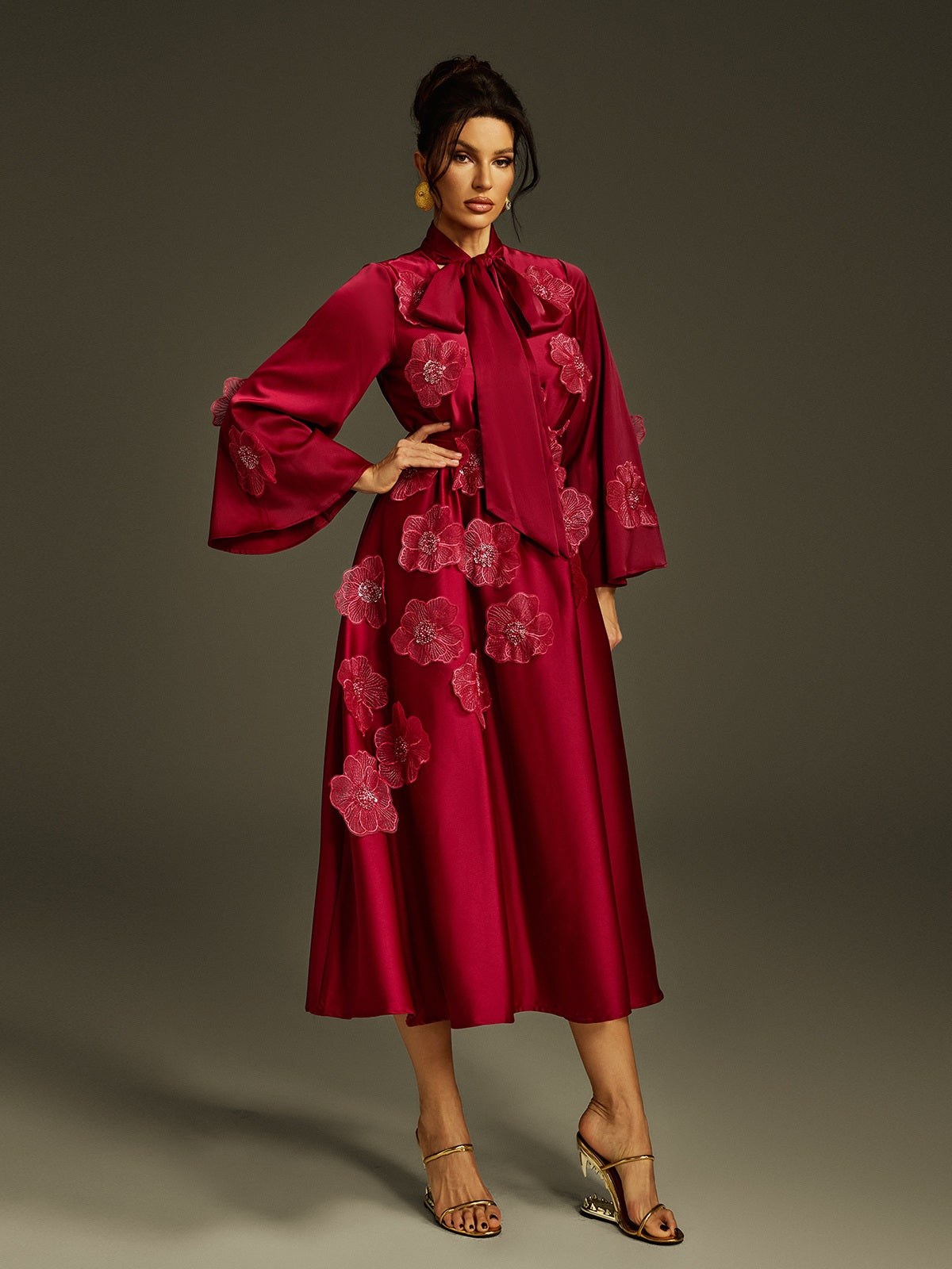 Tie Up Flower Satin Maxi Dress In Wine - View 2