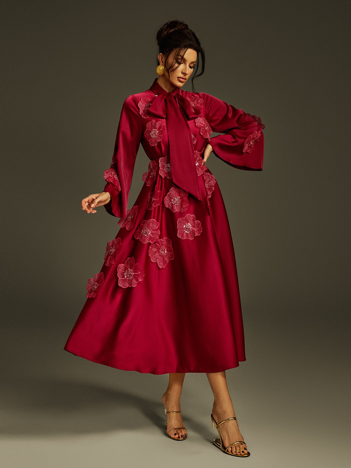 Tie Up Flower Satin Maxi Dress In Wine - View 4