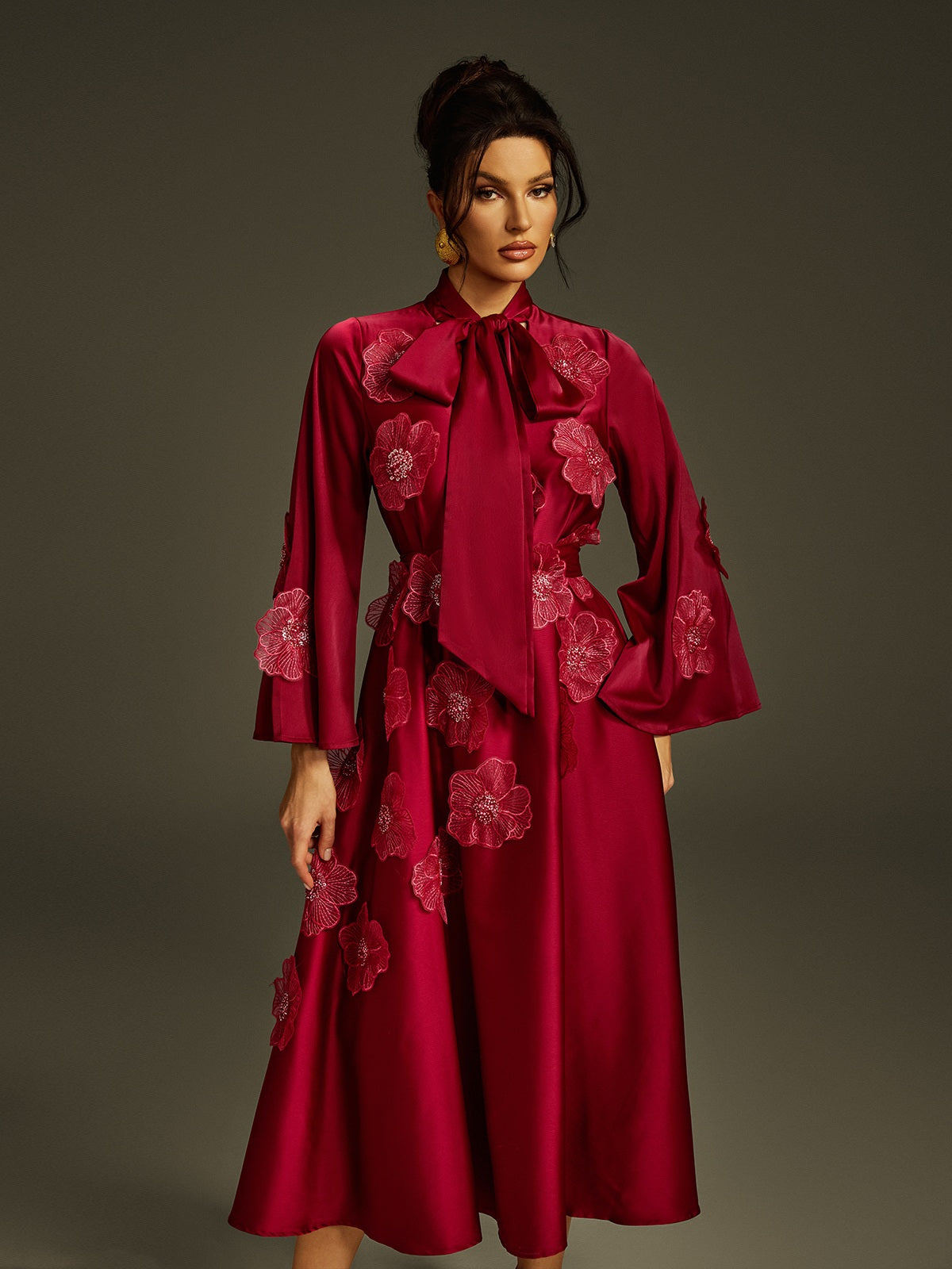 Tie Up Flower Satin Maxi Dress In Wine - View 5