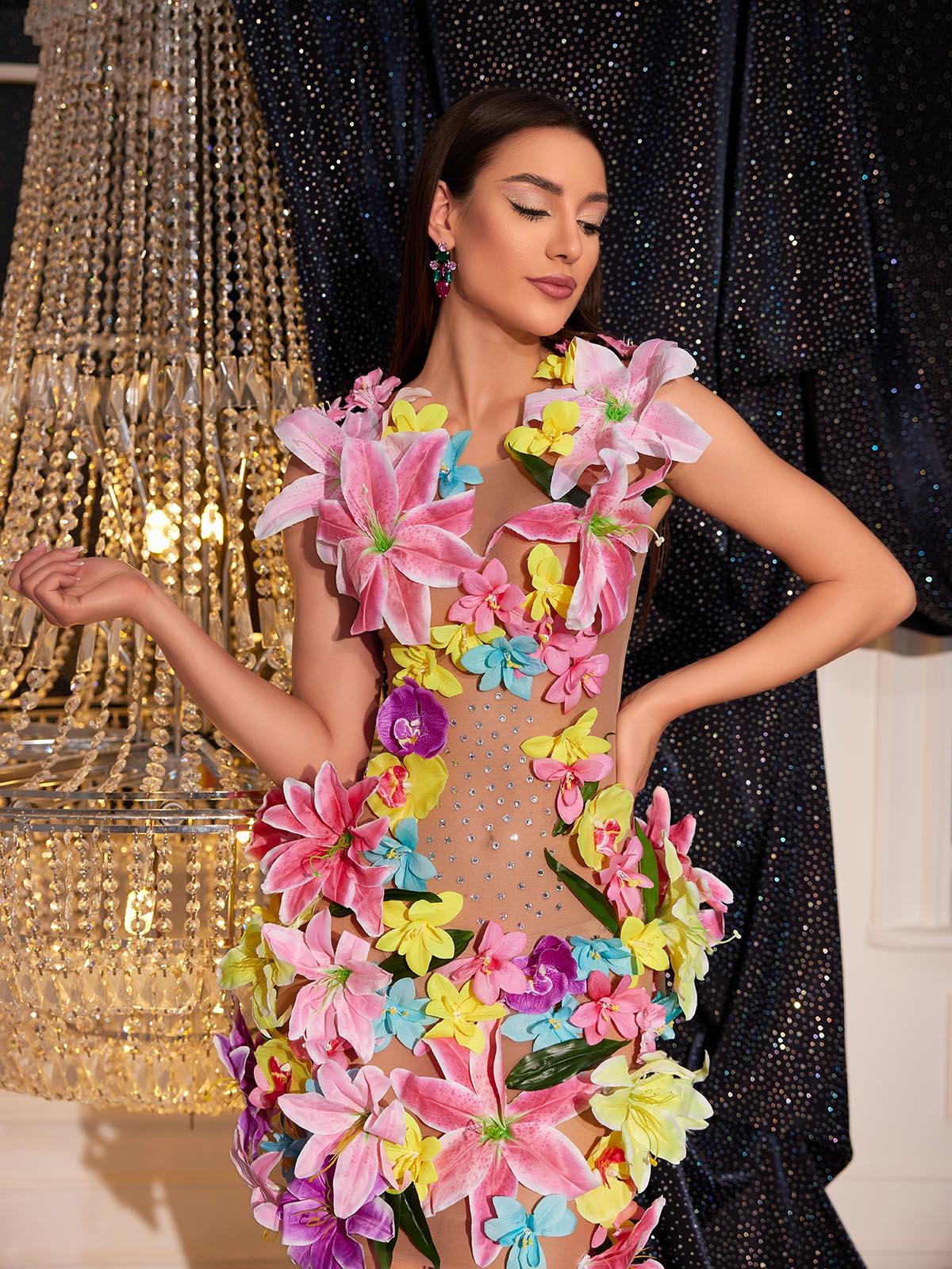 Floral Applique Rhinestone Mesh Deep V-Neck Sleeveless Bodycon Mini Dress