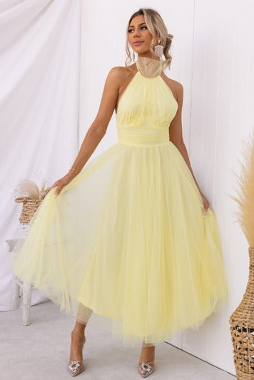 Pearlina - Sleek Mesh High Neck Dress Yellow