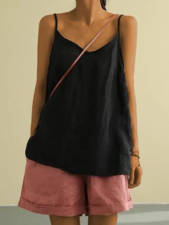 Spaghetti Strap V-Neck Linen Look Cami Top