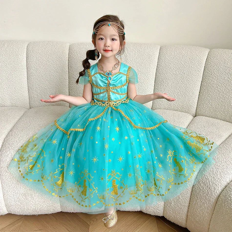 Glitter Tulle Puff Sleeve Princess Costume Ball Gown Girls Dress