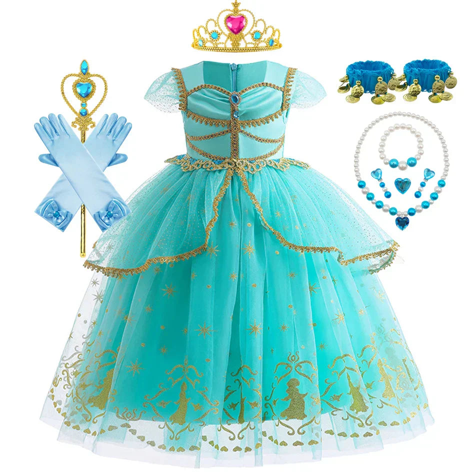 Glitter Tulle Puff Sleeve Princess Costume Ball Gown Girls Dress