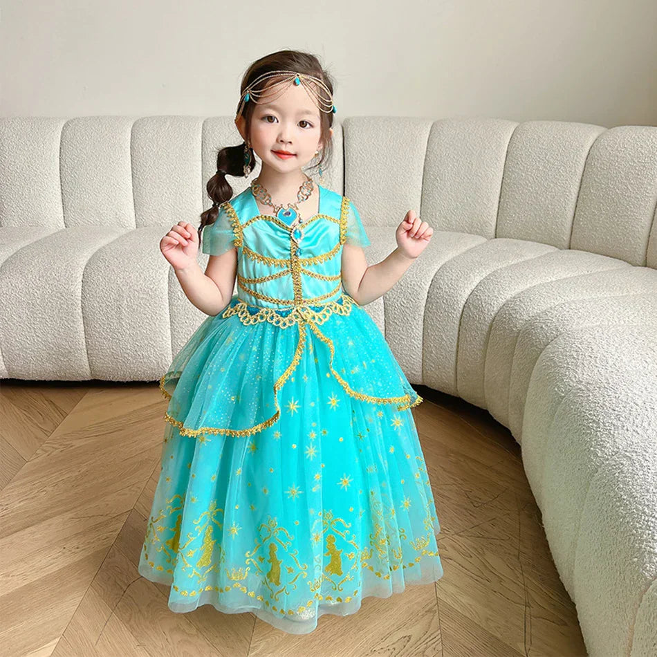 Glitter Tulle Puff Sleeve Princess Costume Ball Gown Girls Dress