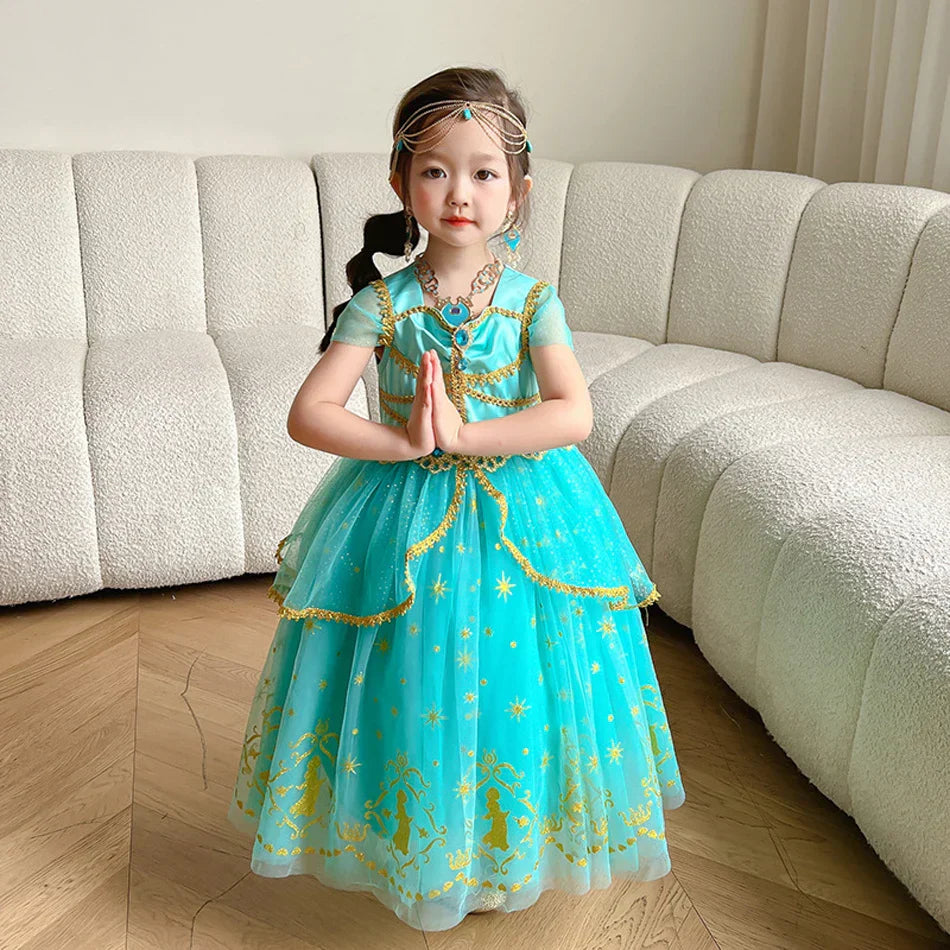 Glitter Tulle Puff Sleeve Princess Costume Ball Gown Girls Dress