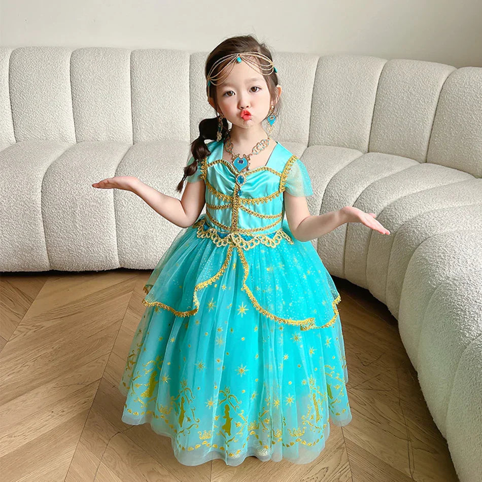 Glitter Tulle Puff Sleeve Princess Costume Ball Gown Girls Dress