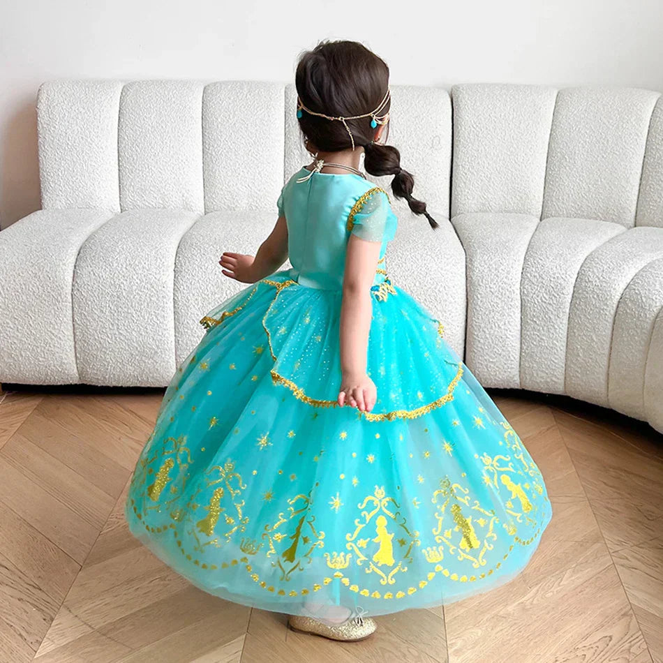 Glitter Tulle Puff Sleeve Princess Costume Ball Gown Girls Dress